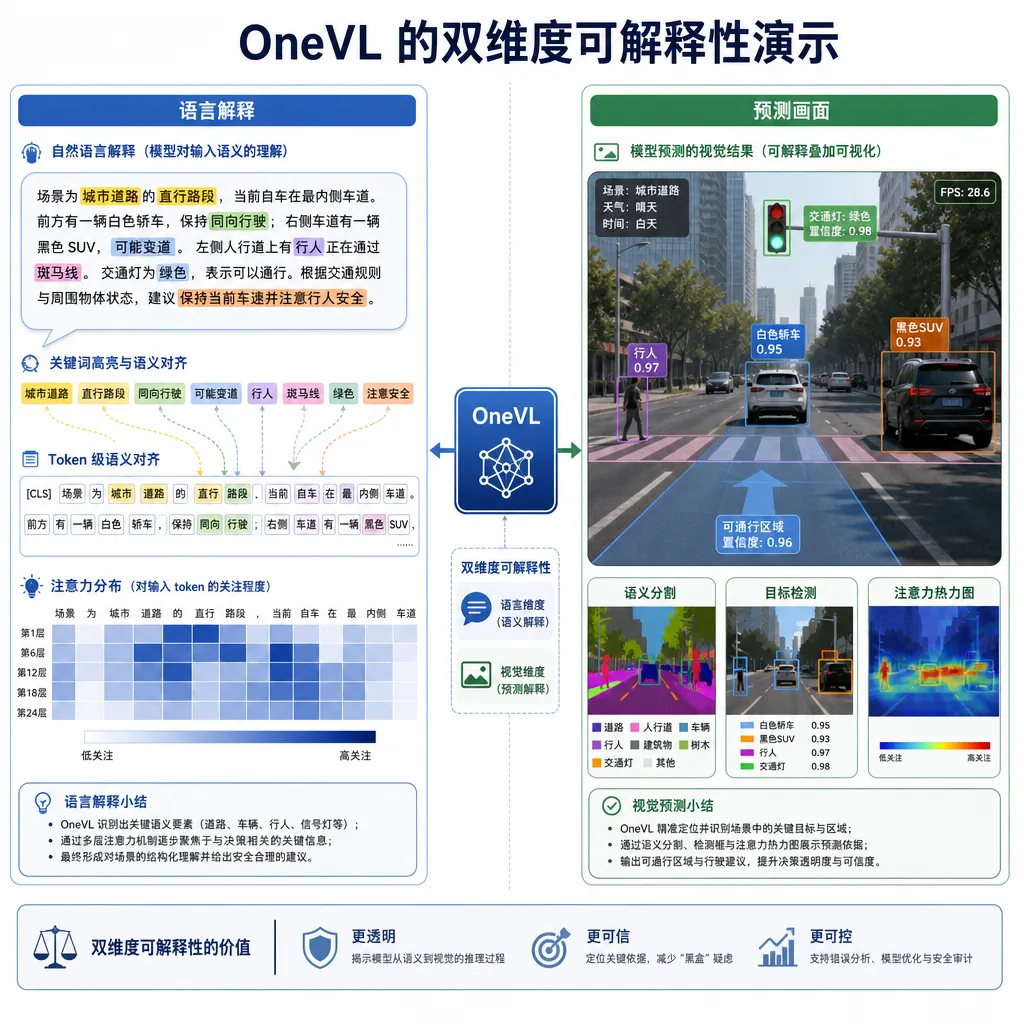 OneVL 的双维度可解释性演示,左侧为语言解释,右侧为预测画面
