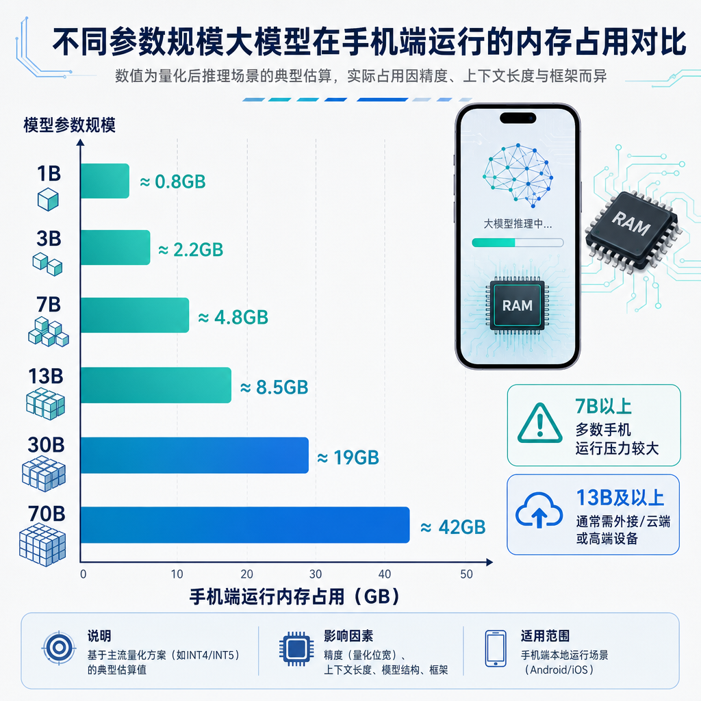 不同参数规模大模型在手机端运行的内存占用对比图