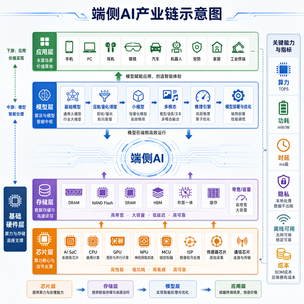 端侧AI产业链示意图,展示芯片、存储、模型、应用各环节的关系