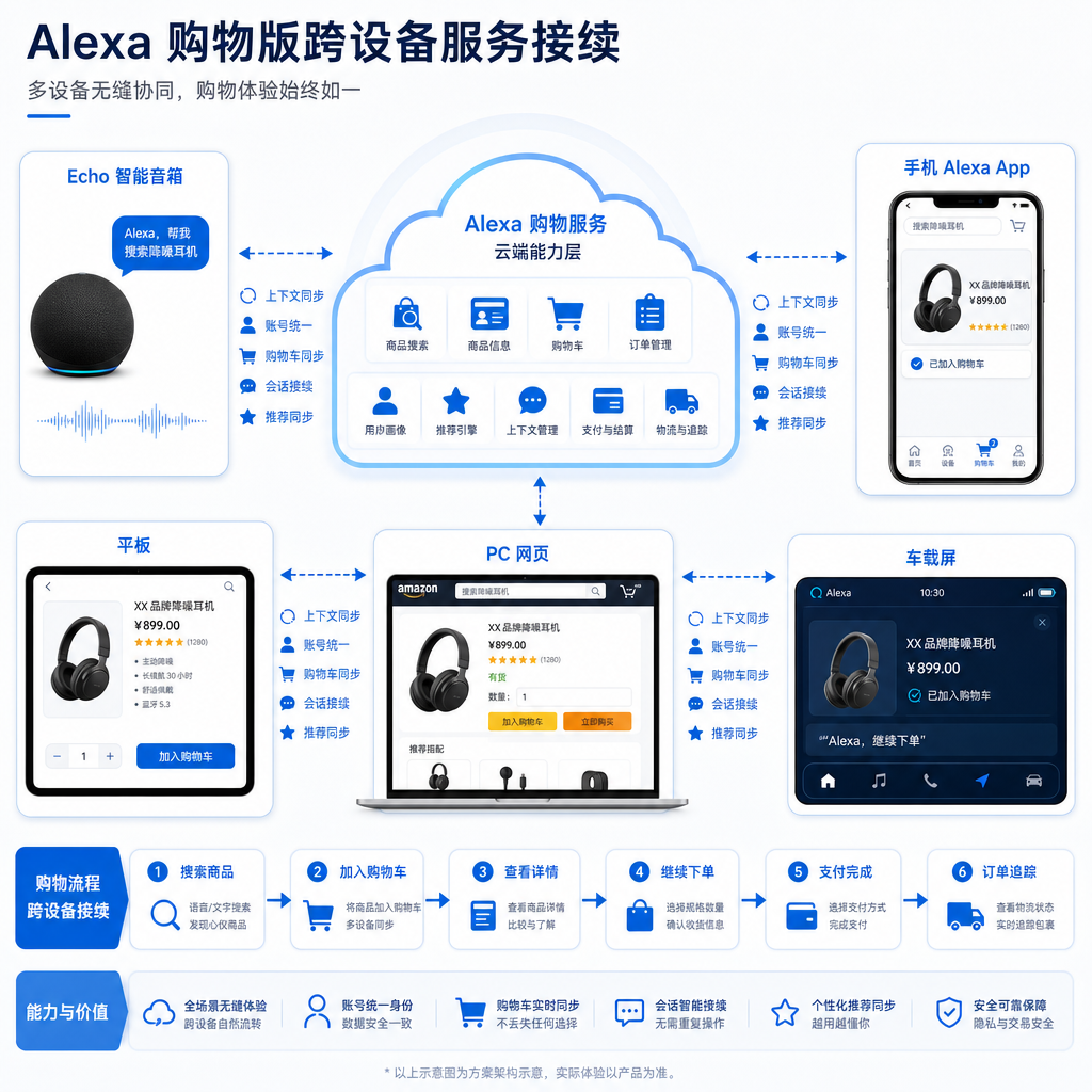 Alexa 购物版跨设备服务接续示意图