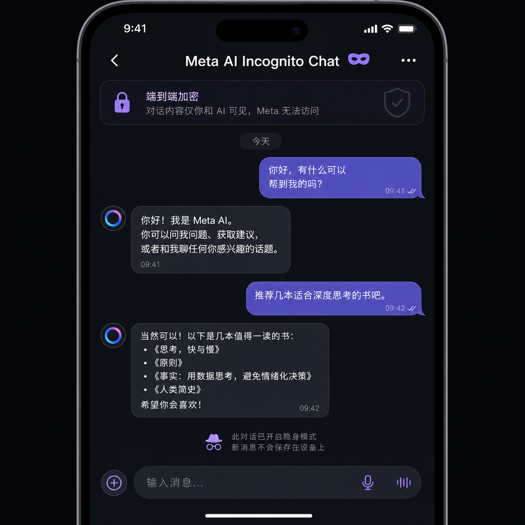 Meta AI Incognito Chat 界面示意图,显示端到端加密标识