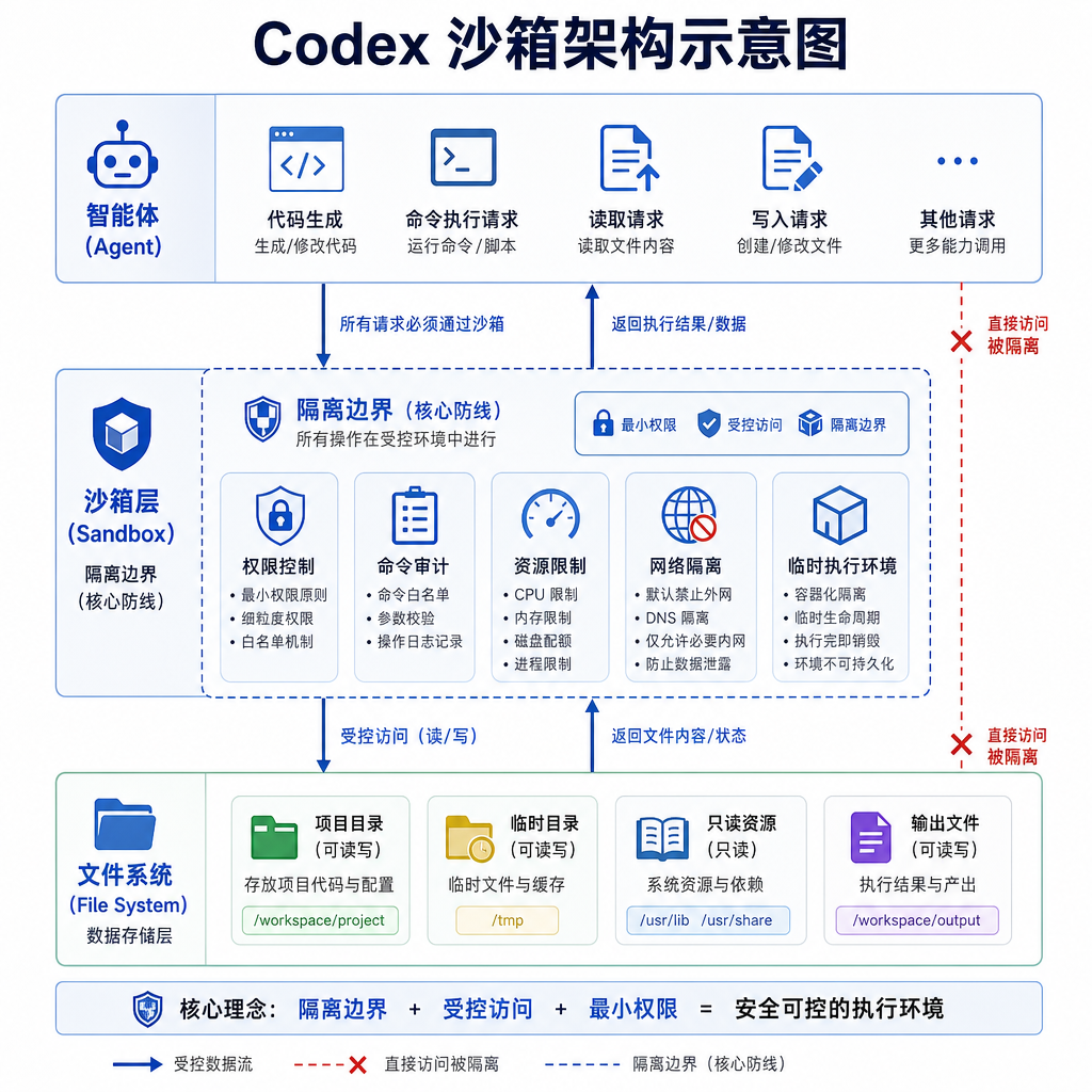 Codex 沙箱架构示意图,展示智能体、沙箱层和文件系统之间的隔离关系