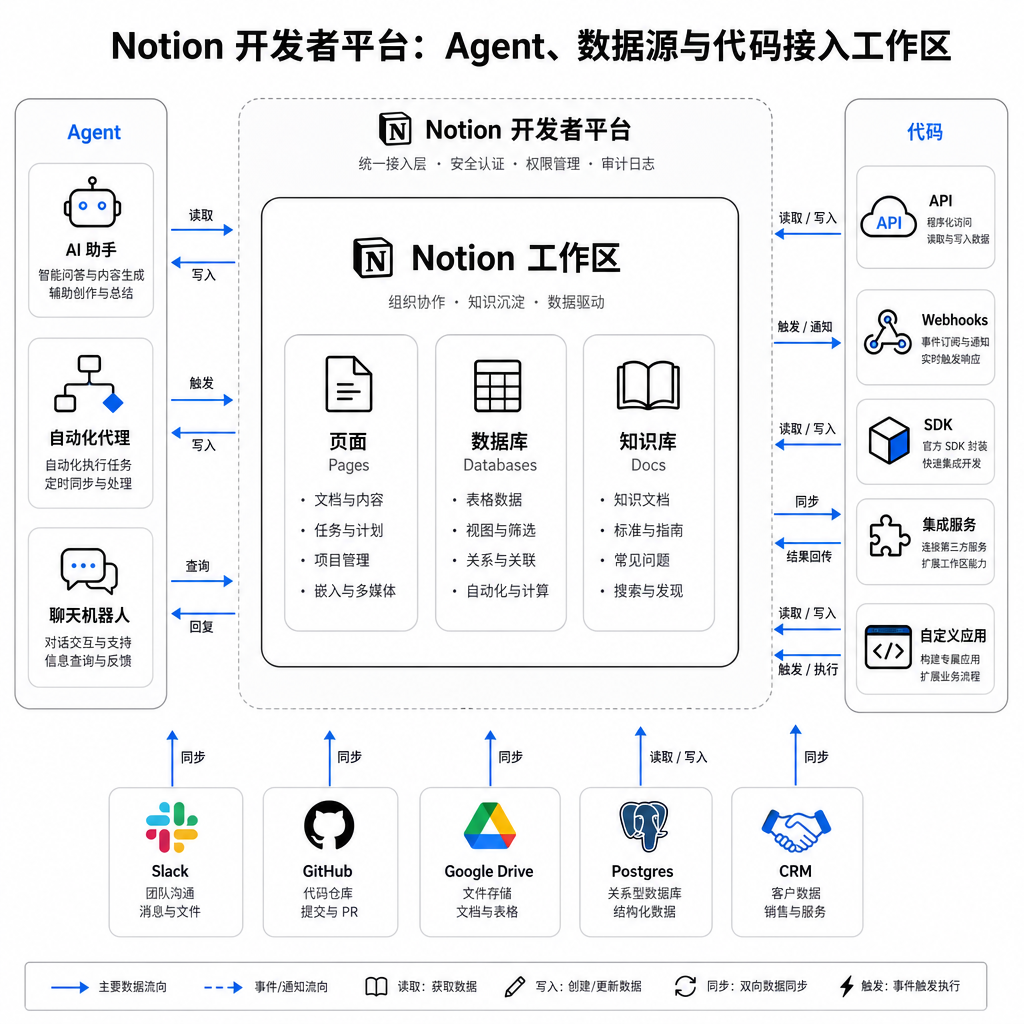 Notion 开发者平台架构示意图，展示 Agent、数据源和代码如何接入工作区