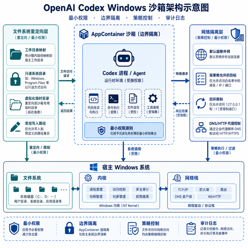 OpenAI Codex Windows 沙箱架构示意图,展示 AppContainer、文件系统重定向层和网络隔离的关系