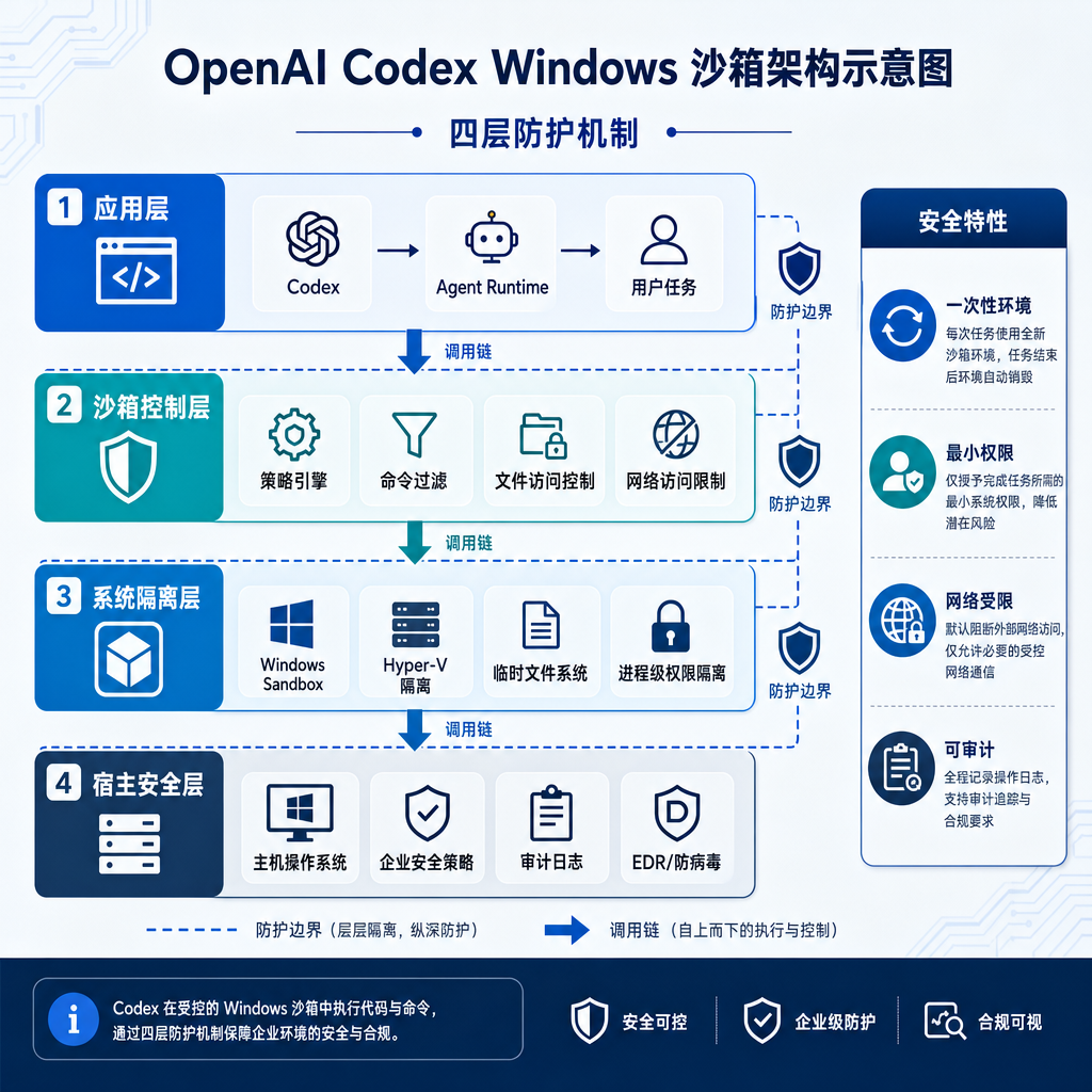OpenAI Codex Windows 沙箱架构示意图,展示四层防护机制