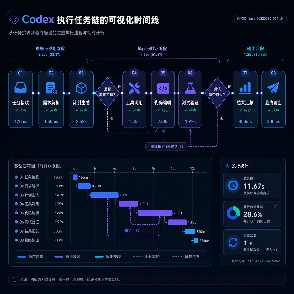 Codex 执行任务链的可视化时间线,展示各步骤耗时和决策点