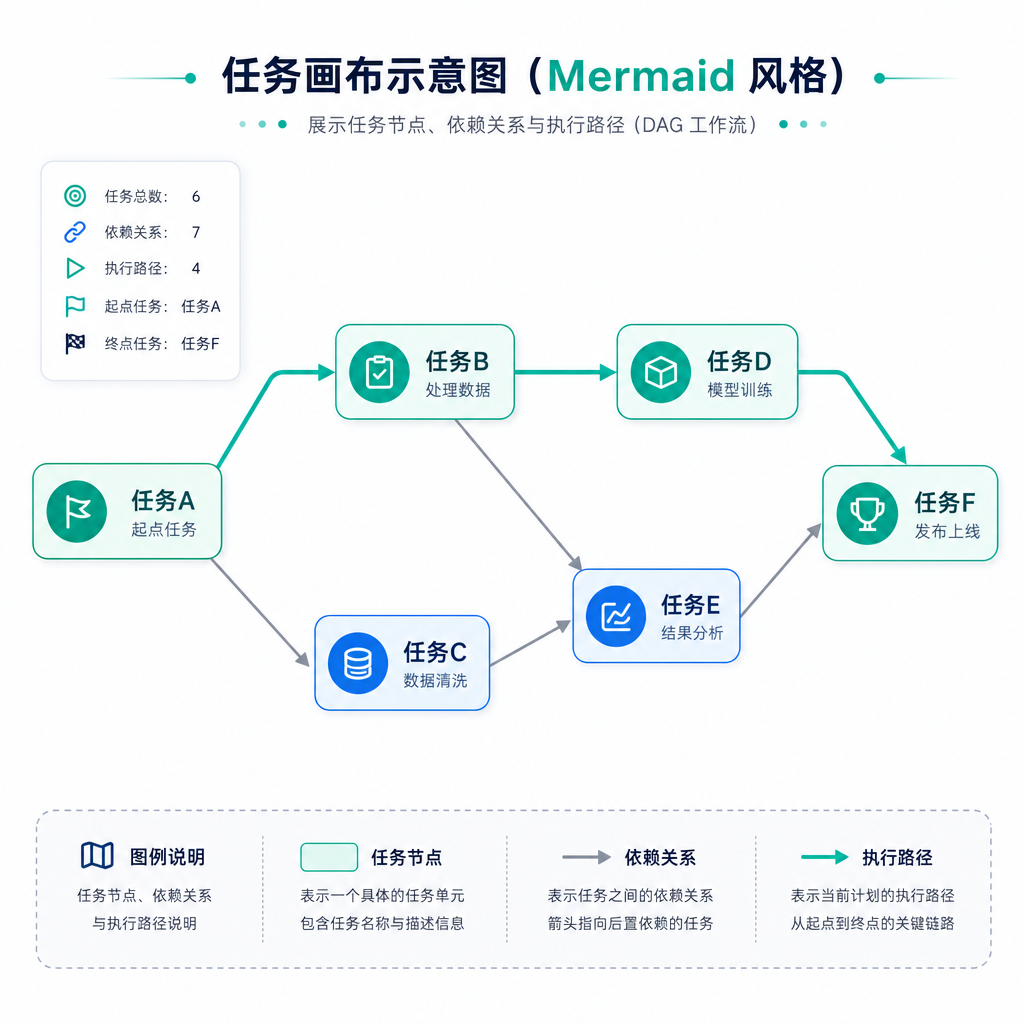 Mermaid 任务画布示意图,展示任务节点、依赖关系和执行路径