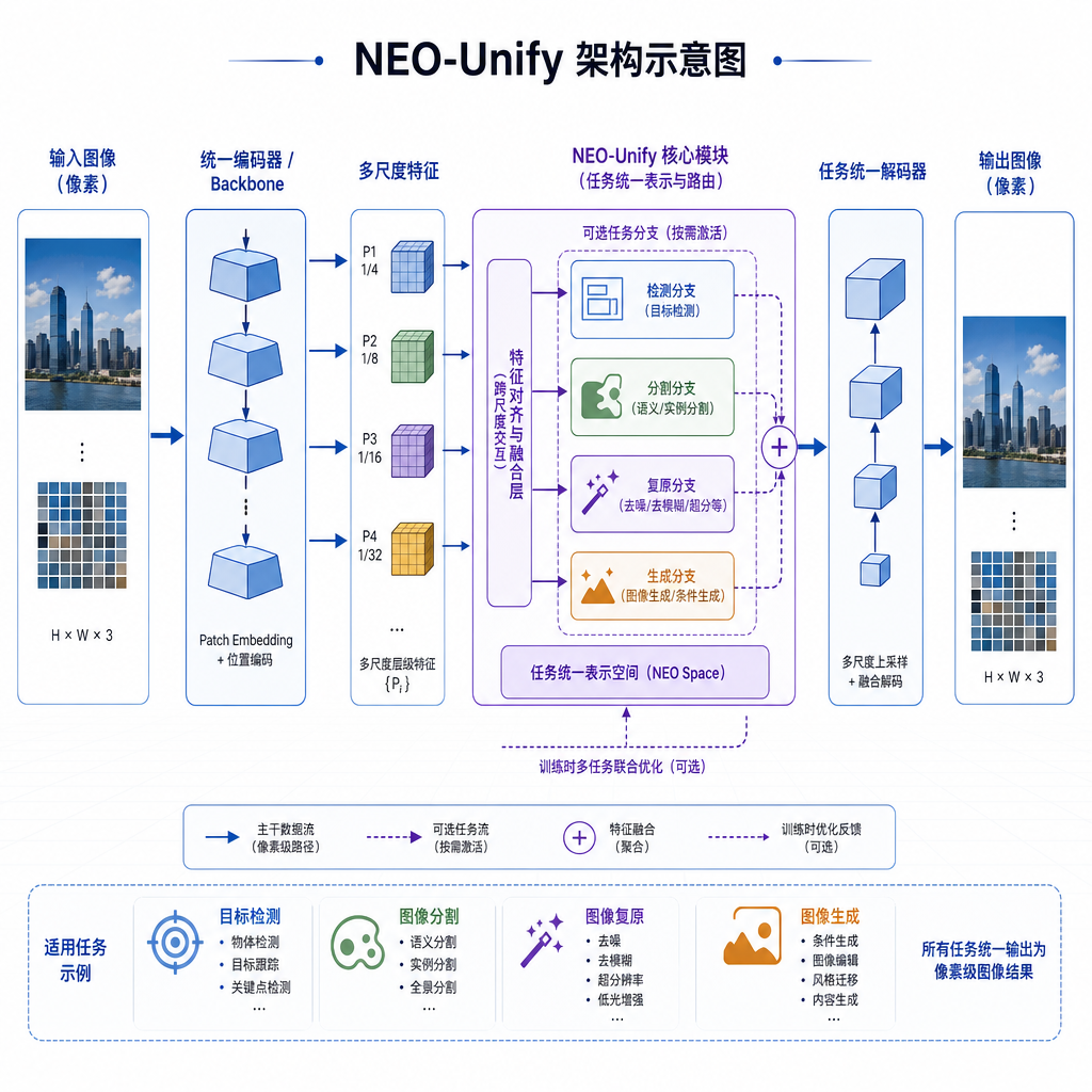 NEO-Unify 架构示意图,展示像素直接输入输出的流程