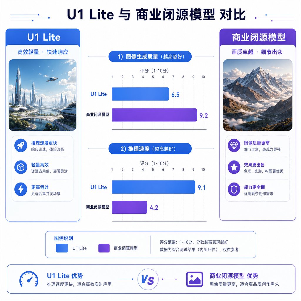 U1 Lite 与商业闭源模型在图像生成质量和推理速度上的对比图表