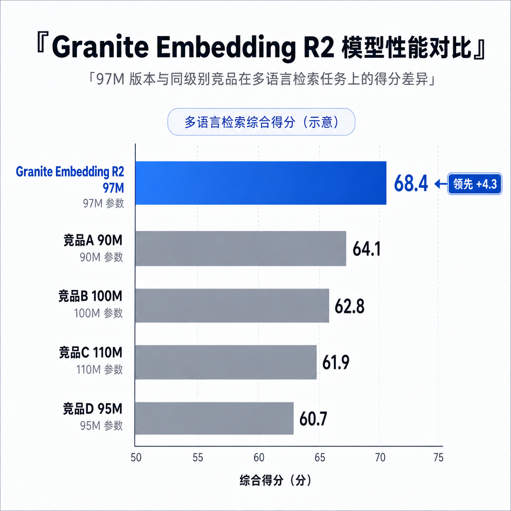 Granite Embedding R2 模型性能对比图表,展示 97M 版本与同级别竞品在多语言检索任务上的得分差异