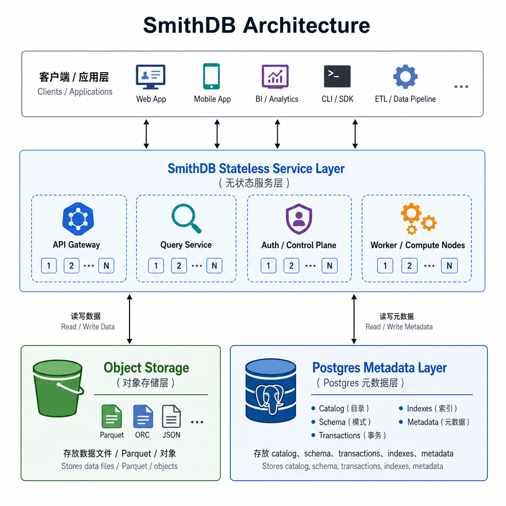 SmithDB 架构图,展示对象存储、Postgres 元数据层和无状态服务层的关系