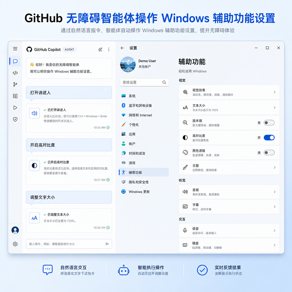 GitHub 无障碍智能体操作 Windows 辅助功能设置的演示界面