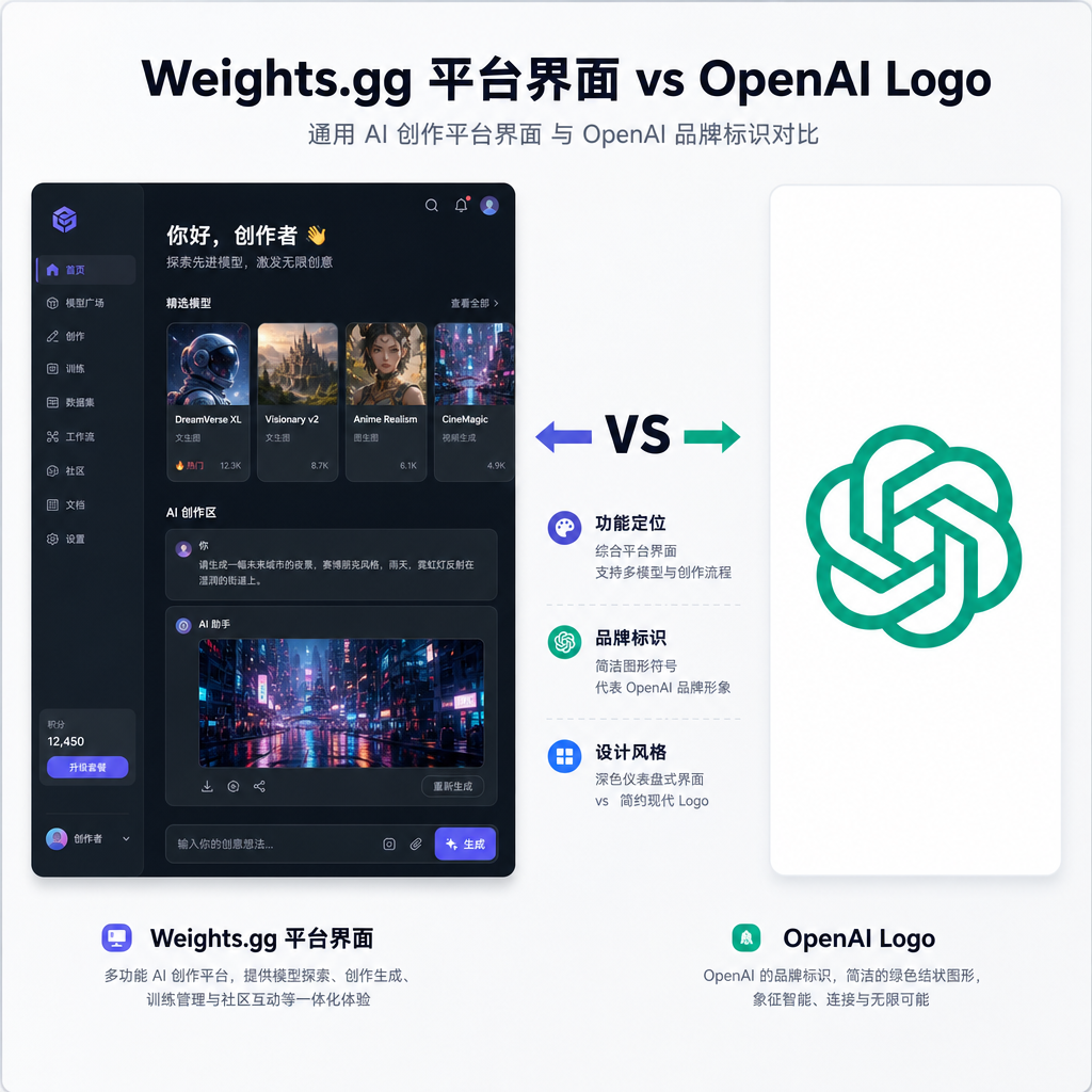 Weights.gg 平台界面与 OpenAI Logo 的对比图
