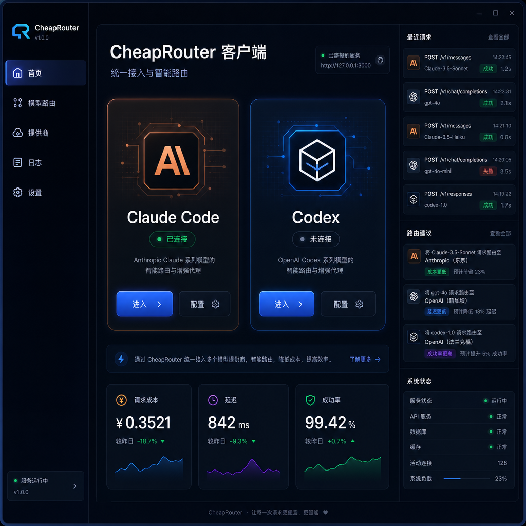 CheapRouter 客户端主界面,展示 Claude Code 与 Codex 的集成入口