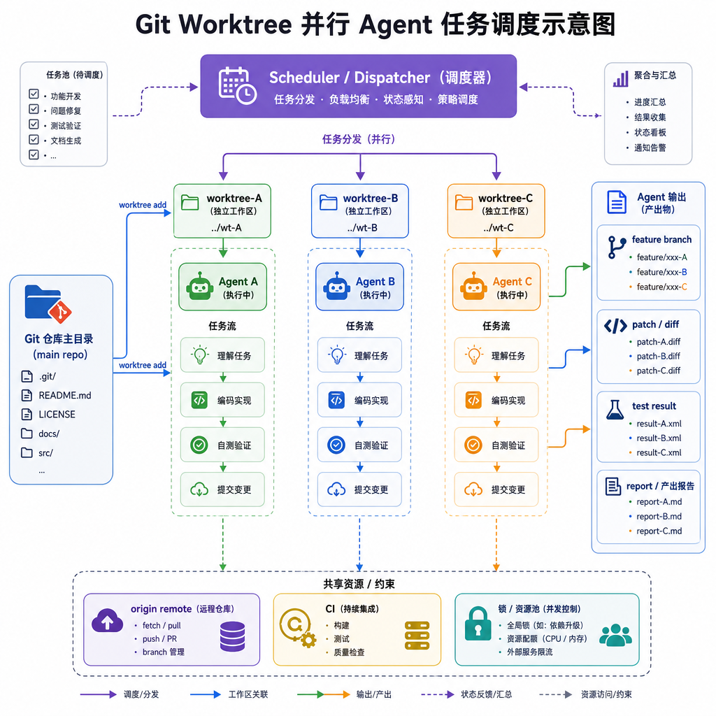 Git Worktree 并行 Agent 任务调度示意图