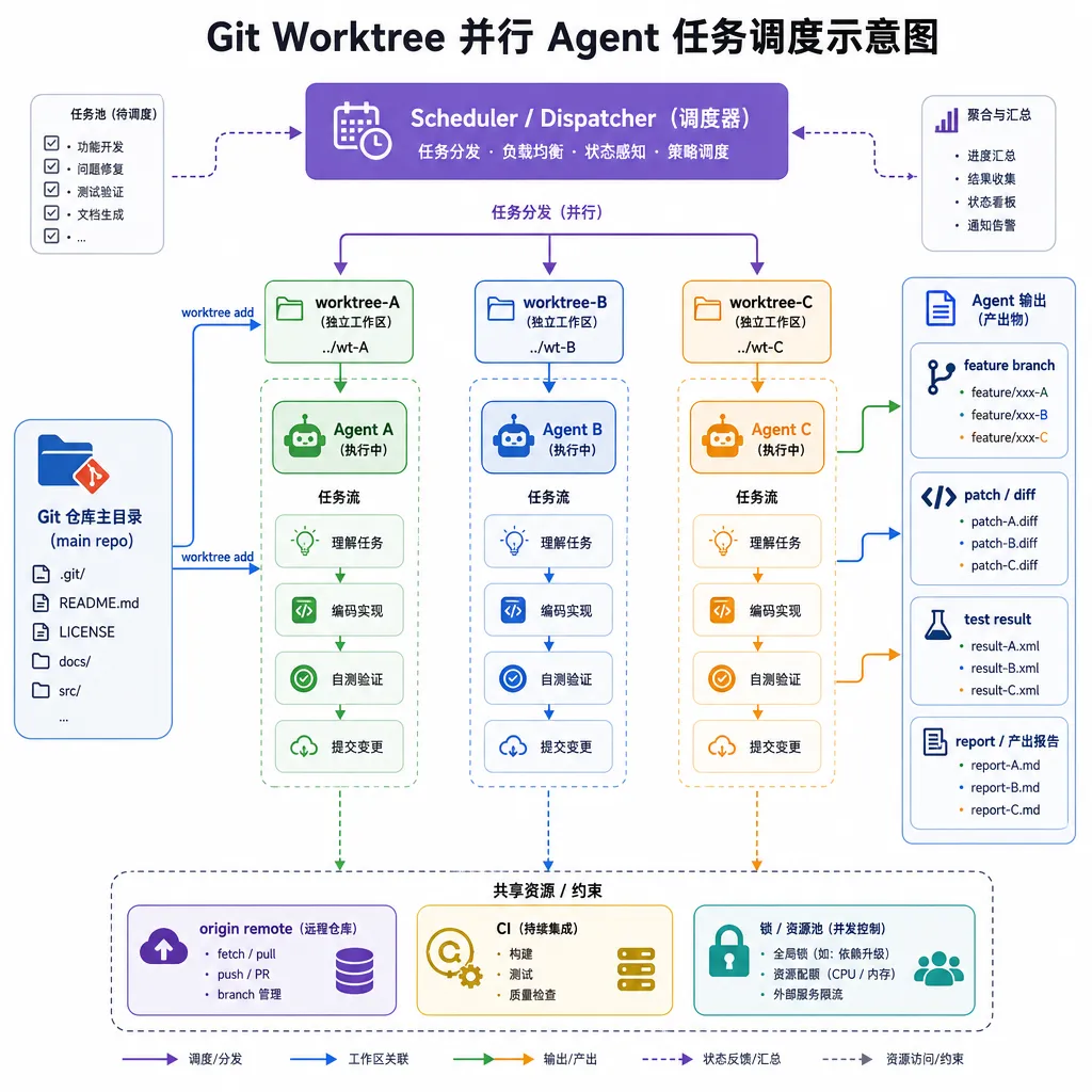 Git Worktree 并行 Agent 任务调度示意图