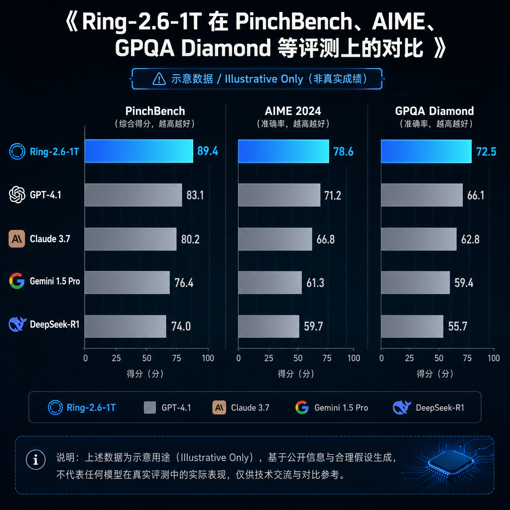 Ring-2.6-1T 在 PinchBench、AIME、GPQA Diamond 等评测上的对比图