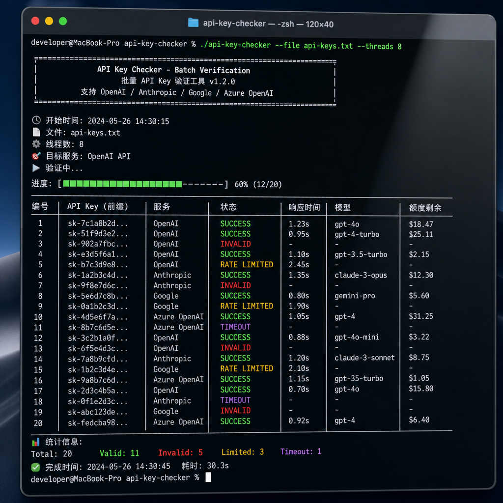 api-key-checker 项目在终端中批量检测多个 API Key 的运行截图