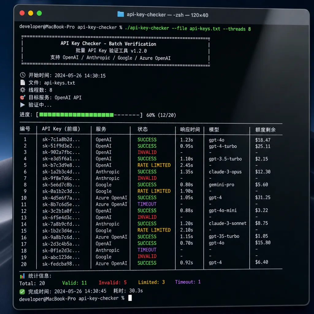 api-key-checker 项目在终端中批量检测多个 API Key 的运行截图
