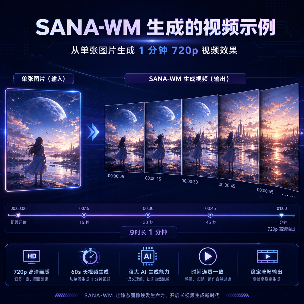 SANA-WM 生成的视频示例，展示从单张图片生成的 1 分钟 720p 视频效果