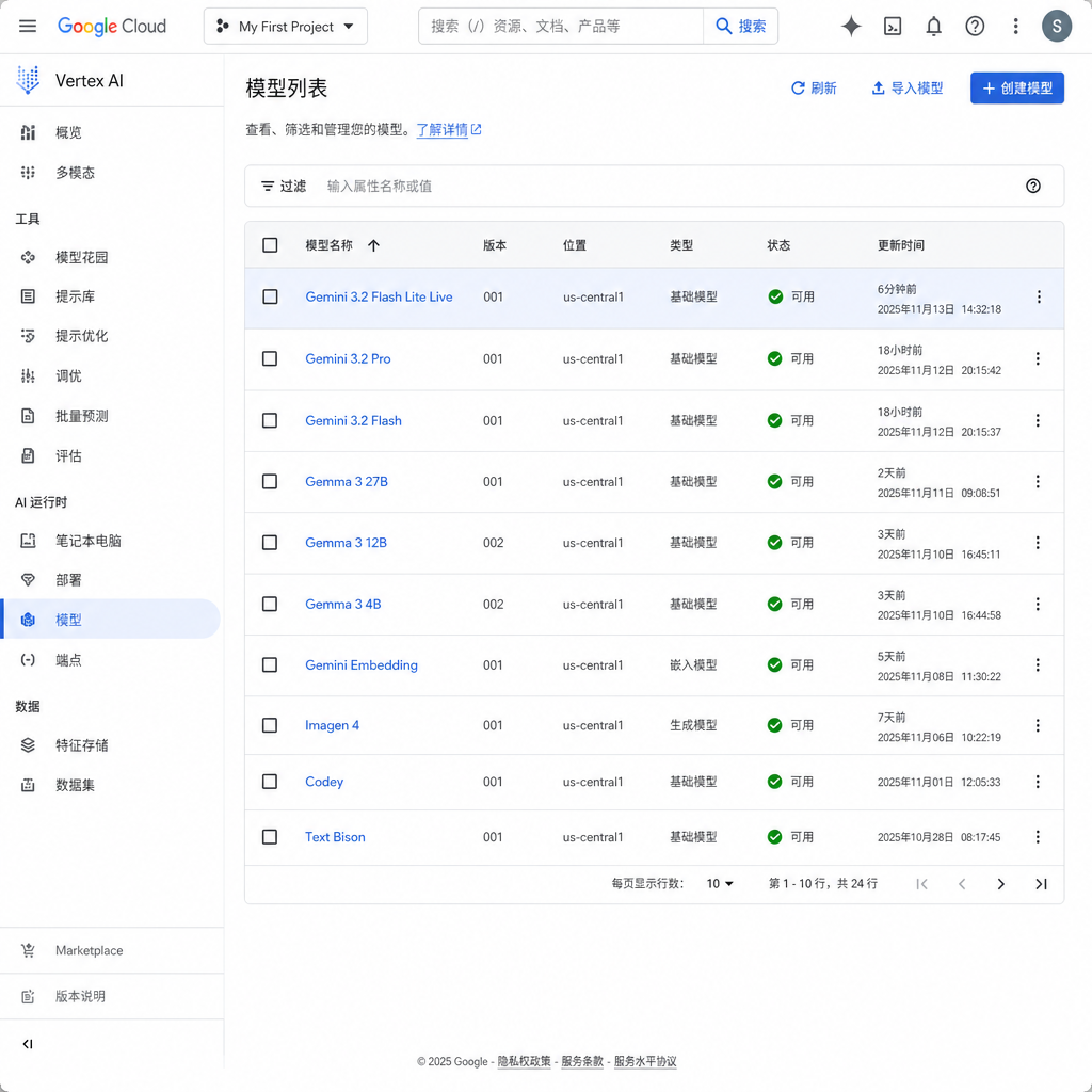 Google Cloud 控制台模型列表中出现的 Gemini 3.2 Flash Lite Live 条目截图