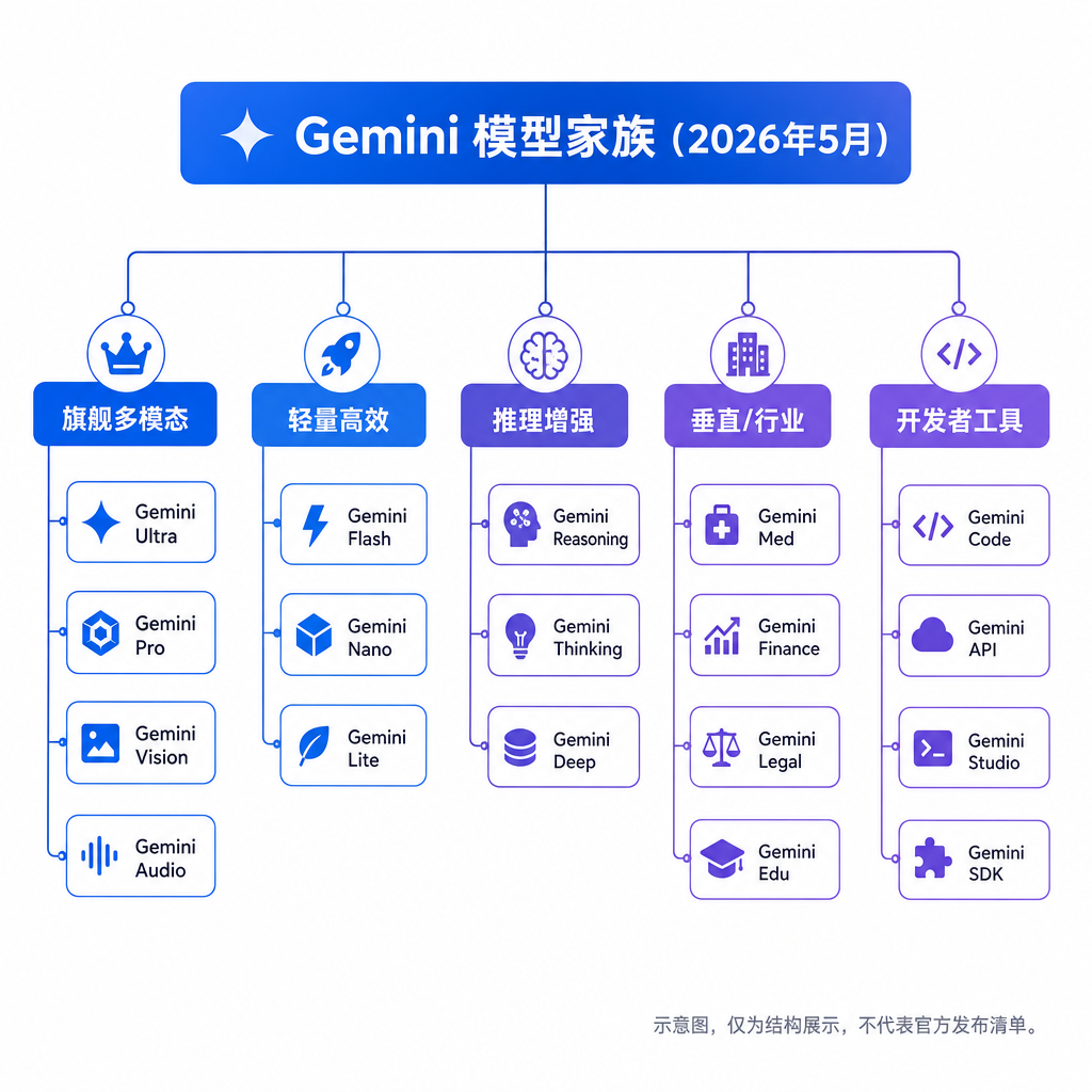 Gemini 模型家族在 2026 年 5 月的层级结构示意图