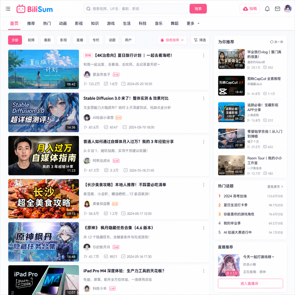 BiliSum 主界面截图,类 Bilibili 风格的视频流列表