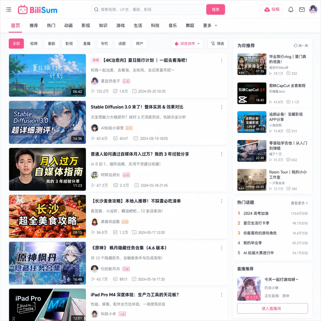 BiliSum 主界面截图,类 Bilibili 风格的视频流列表
