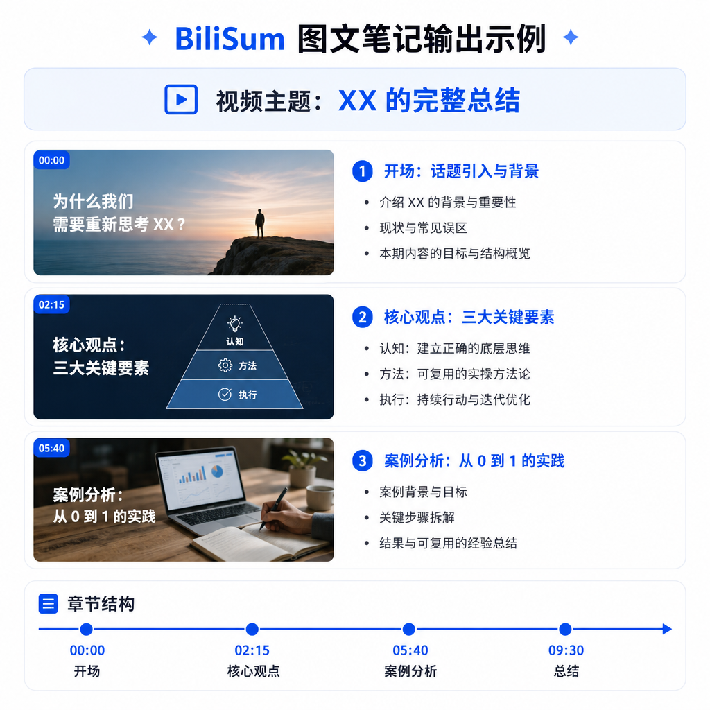 BiliSum 图文笔记输出示例,包含文字、关键画面截图和章节结构