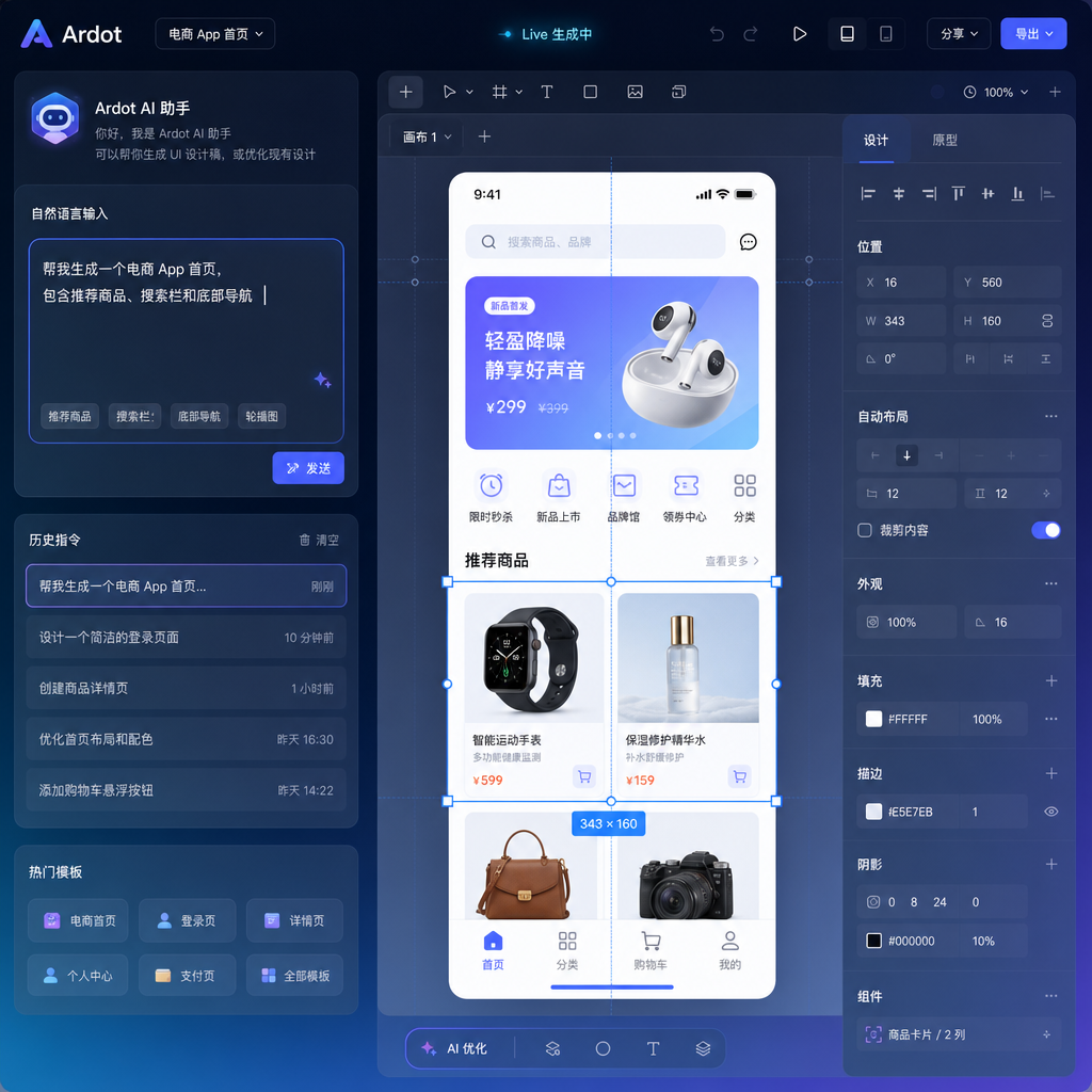 Ardot 文生 UI 演示界面,左侧自然语言输入,右侧实时生成可编辑设计稿