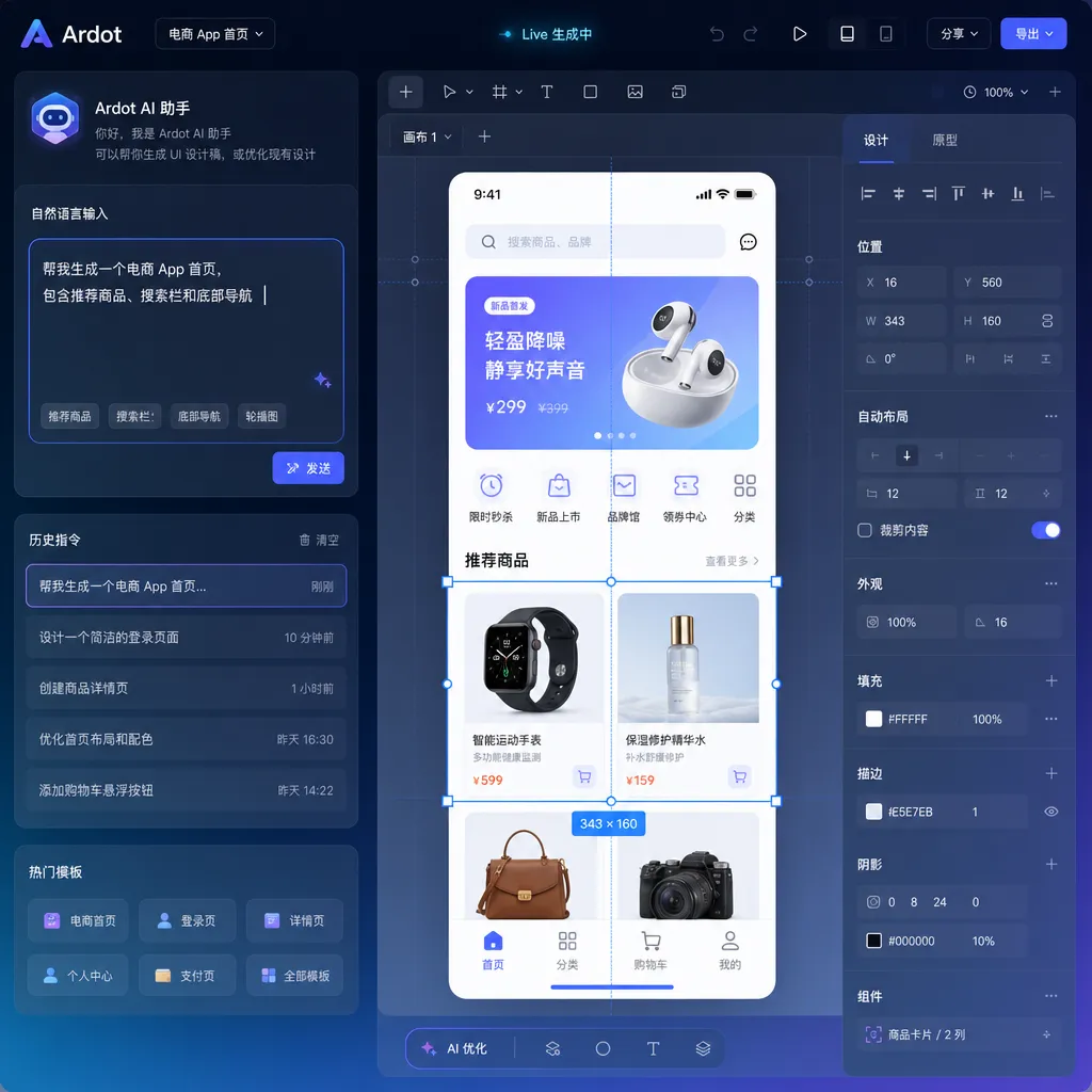 Ardot 文生 UI 演示界面,左侧自然语言输入,右侧实时生成可编辑设计稿