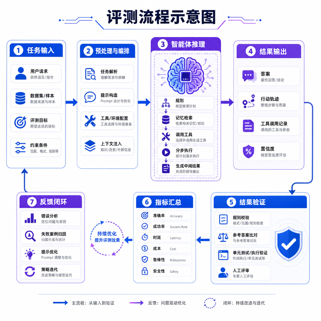 评测流程示意图,展示从任务输入到智能体推理再到结果验证的完整链路