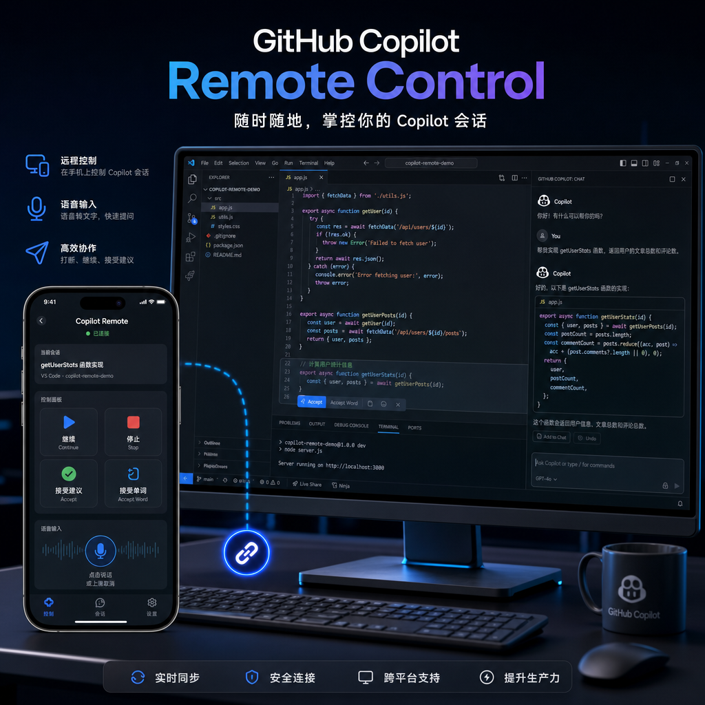 GitHub Copilot Remote Control 功能界面展示,显示手机端控制 VS Code 中的 Copilot 会话