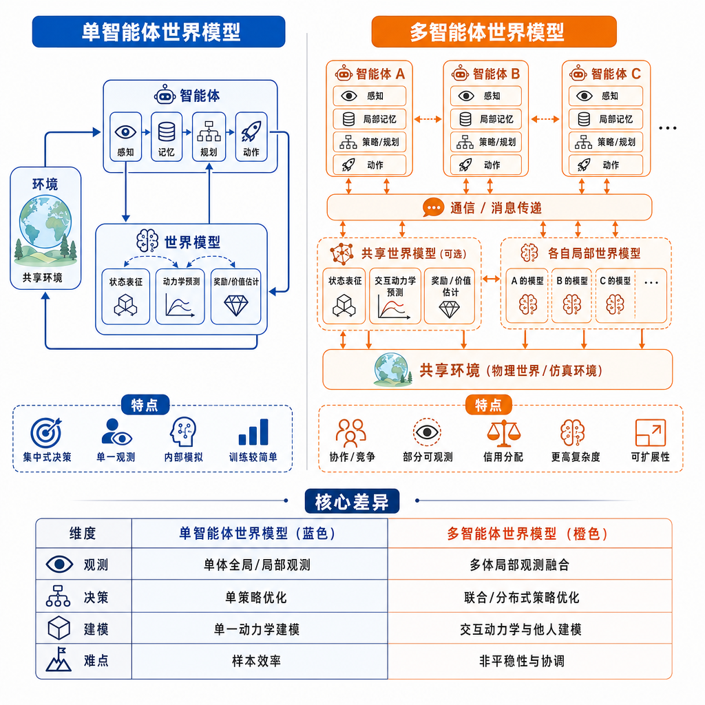 单智能体世界模型与多智能体世界模型架构对比示意图