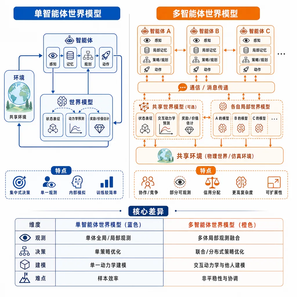 单智能体世界模型与多智能体世界模型架构对比示意图