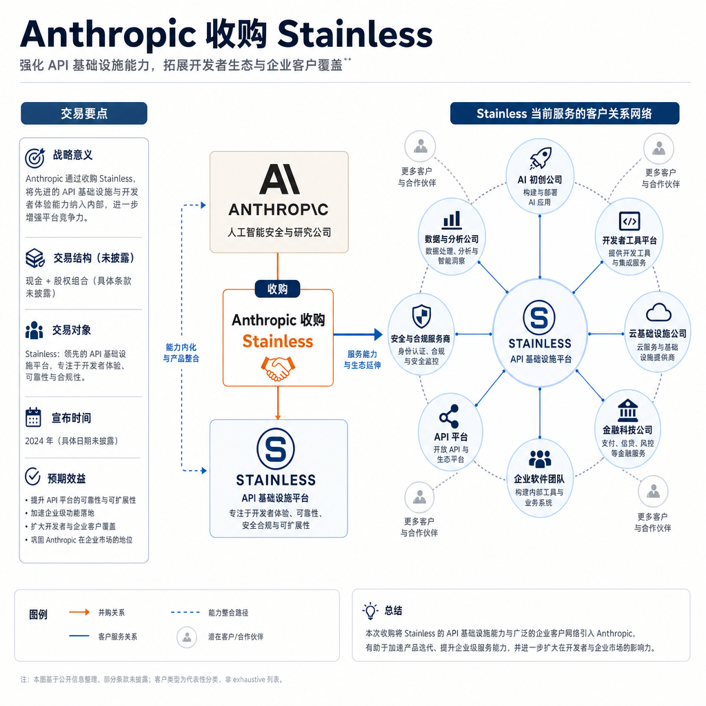 Anthropic 收购 Stainless 交易示意图,展示 Stainless 当前服务的客户关系网络