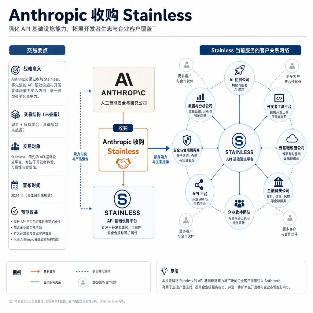 Anthropic 收购 Stainless 交易示意图,展示 Stainless 当前服务的客户关系网络