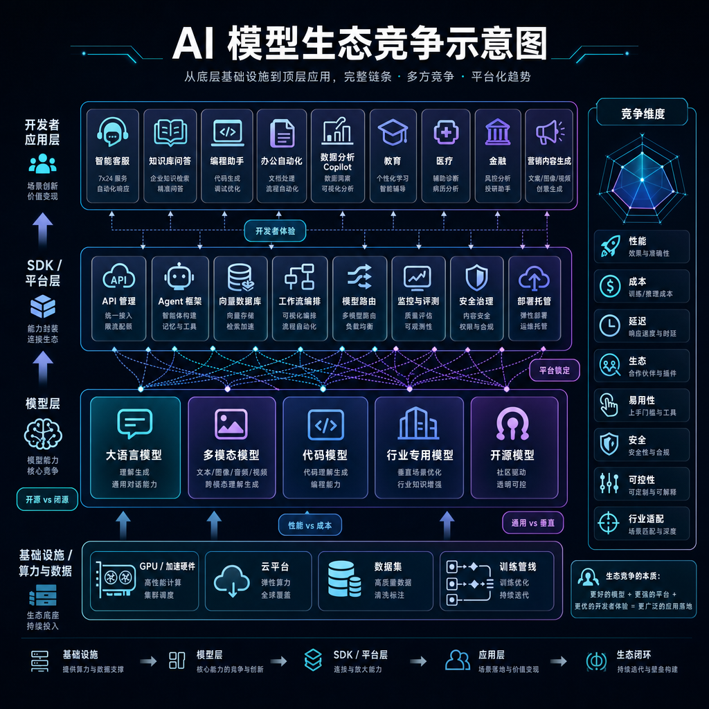 AI 模型生态竞争示意图,展示从模型层到 SDK 层到开发者应用层的完整链条