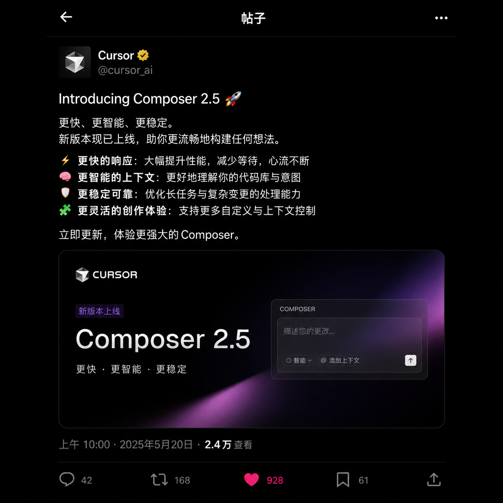 Cursor 官方推特截图,展示 Composer 2.5 发布公告