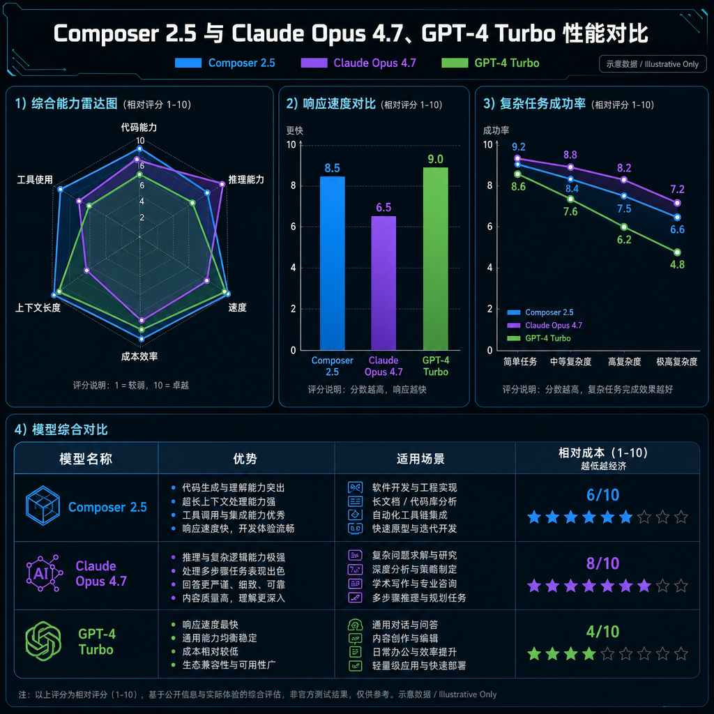 Composer 2.5 与 Claude Opus 4.7、GPT-4 Turbo 的性能对比图表