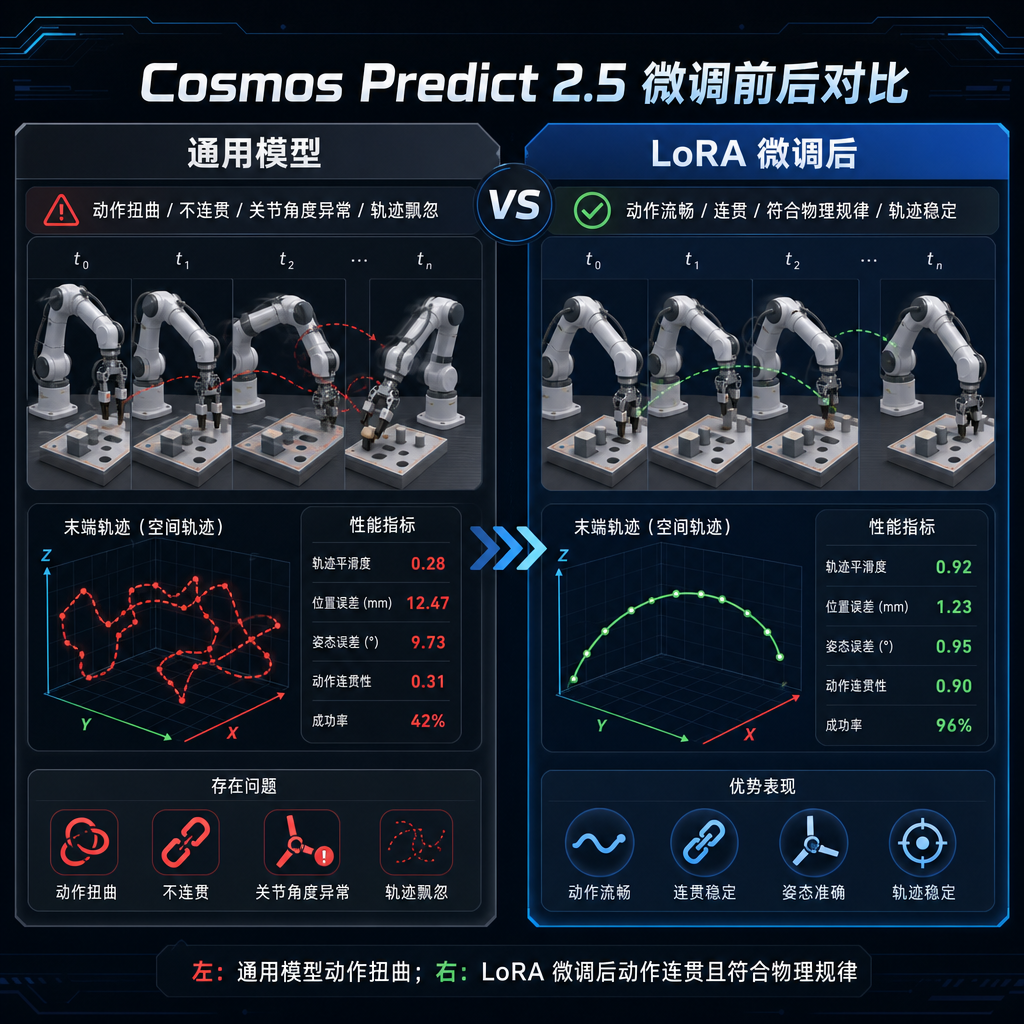 Cosmos Predict 2.5 微调前后对比,左侧通用模型生成的机械臂动作扭曲,右侧 LoRA 微调后动作连贯且符合物理规律