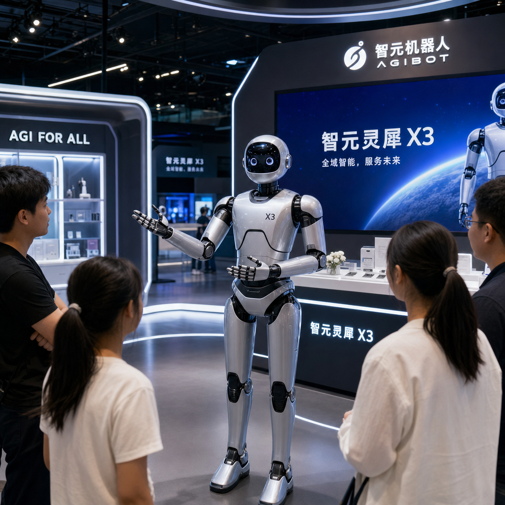 智元灵犀 X3 人形机器人在商业场景中进行交互演示