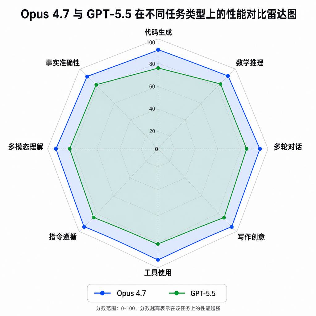 Opus 4.7 与 GPT-5.5 在不同任务类型上的性能对比雷达图