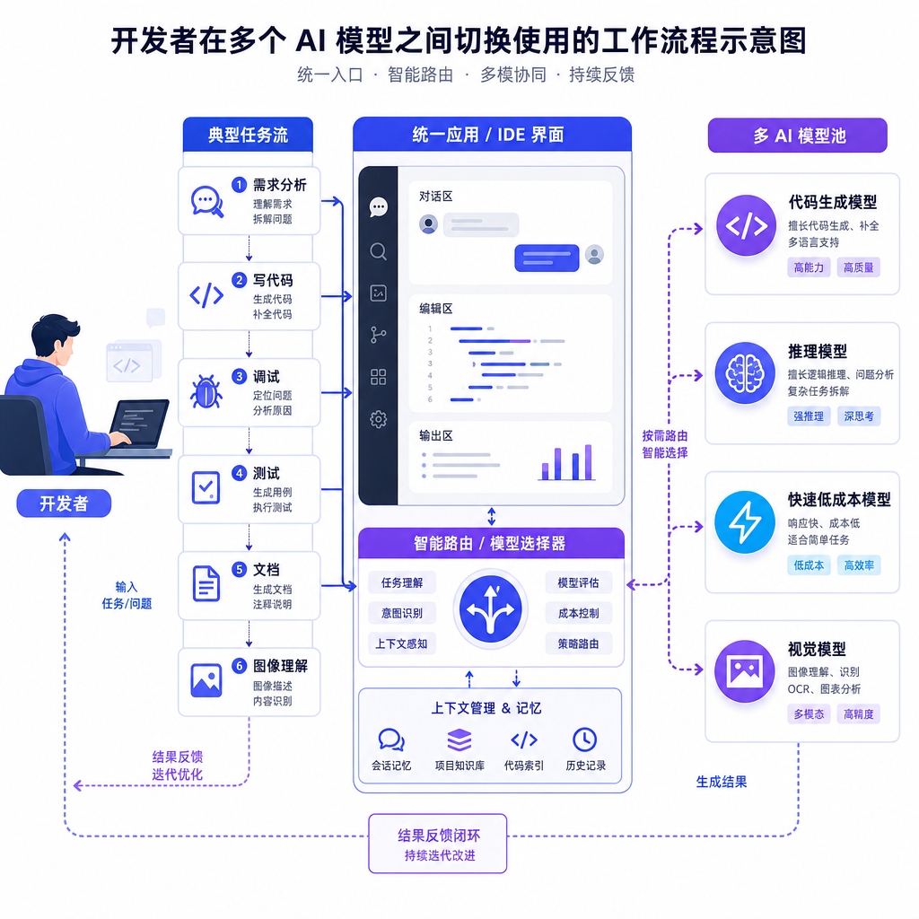 开发者在多个 AI 模型之间切换使用的工作流程示意图