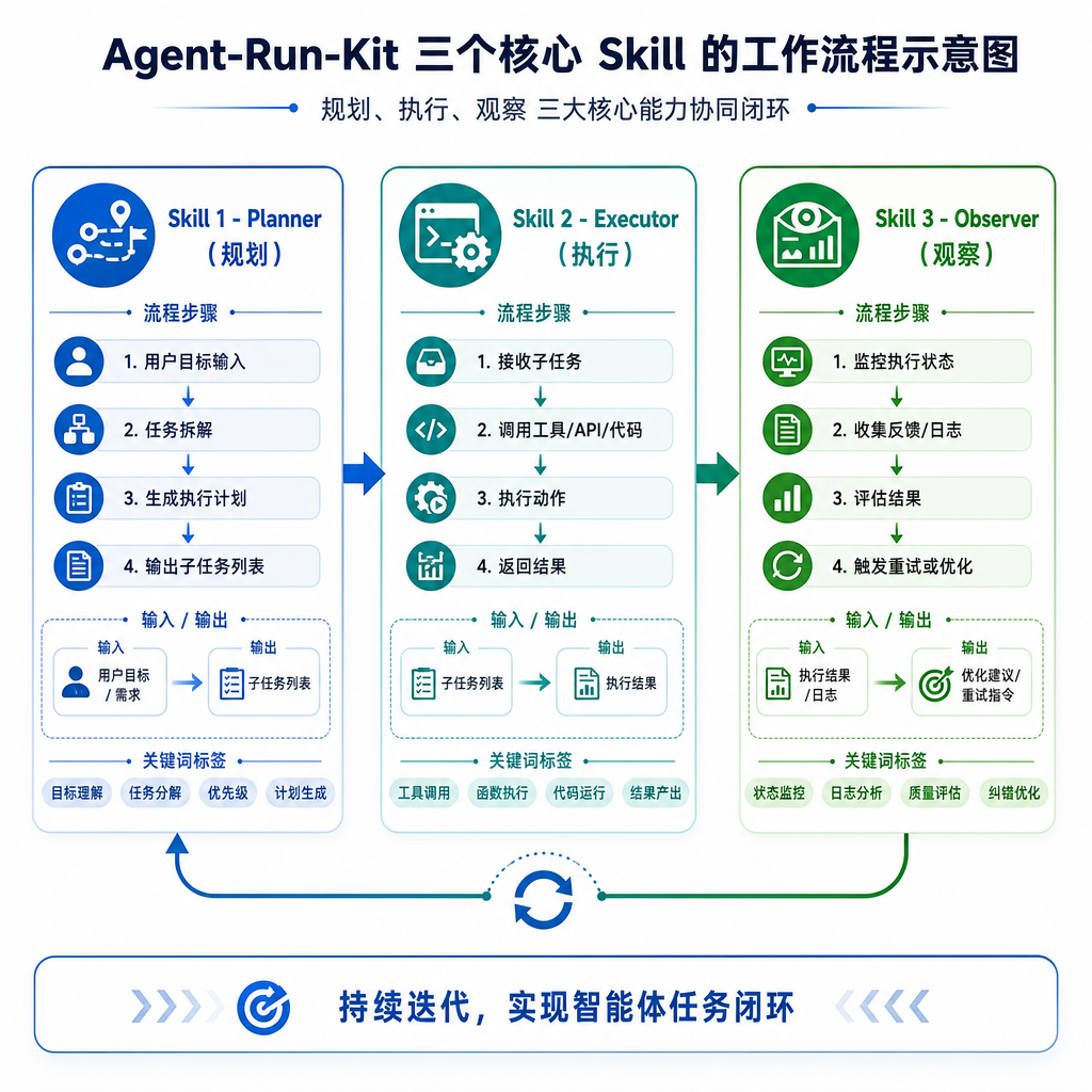 Agent-Run-Kit 三个核心 Skill 的工作流程示意图