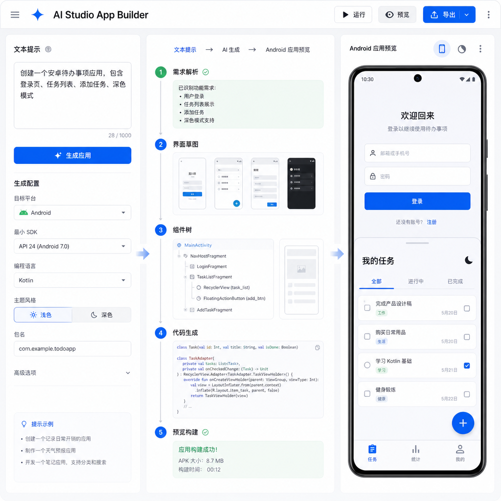 Google AI Studio 界面展示文本提示生成安卓应用的流程