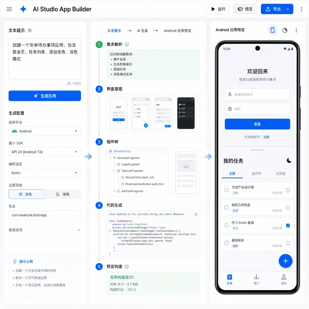 Google AI Studio 界面展示文本提示生成安卓应用的流程