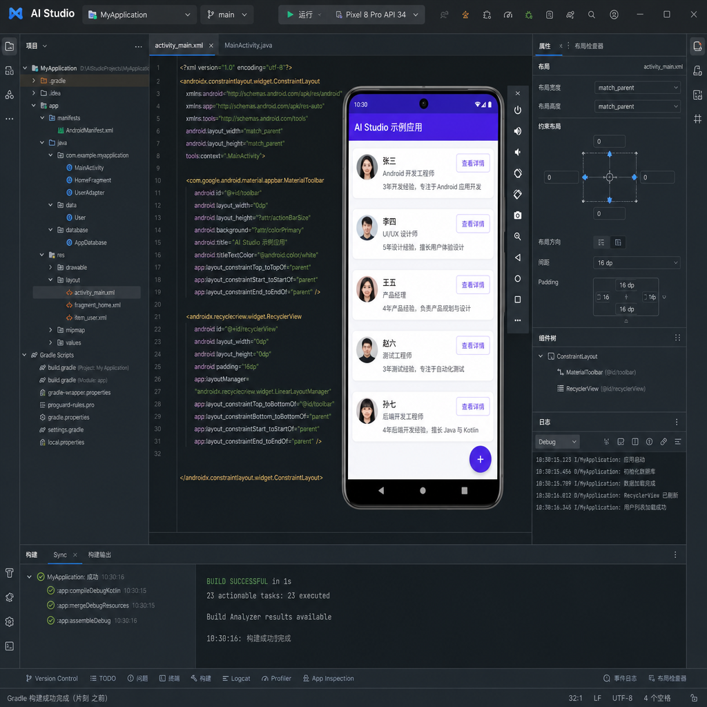 AI Studio 内嵌安卓模拟器实时预览应用界面