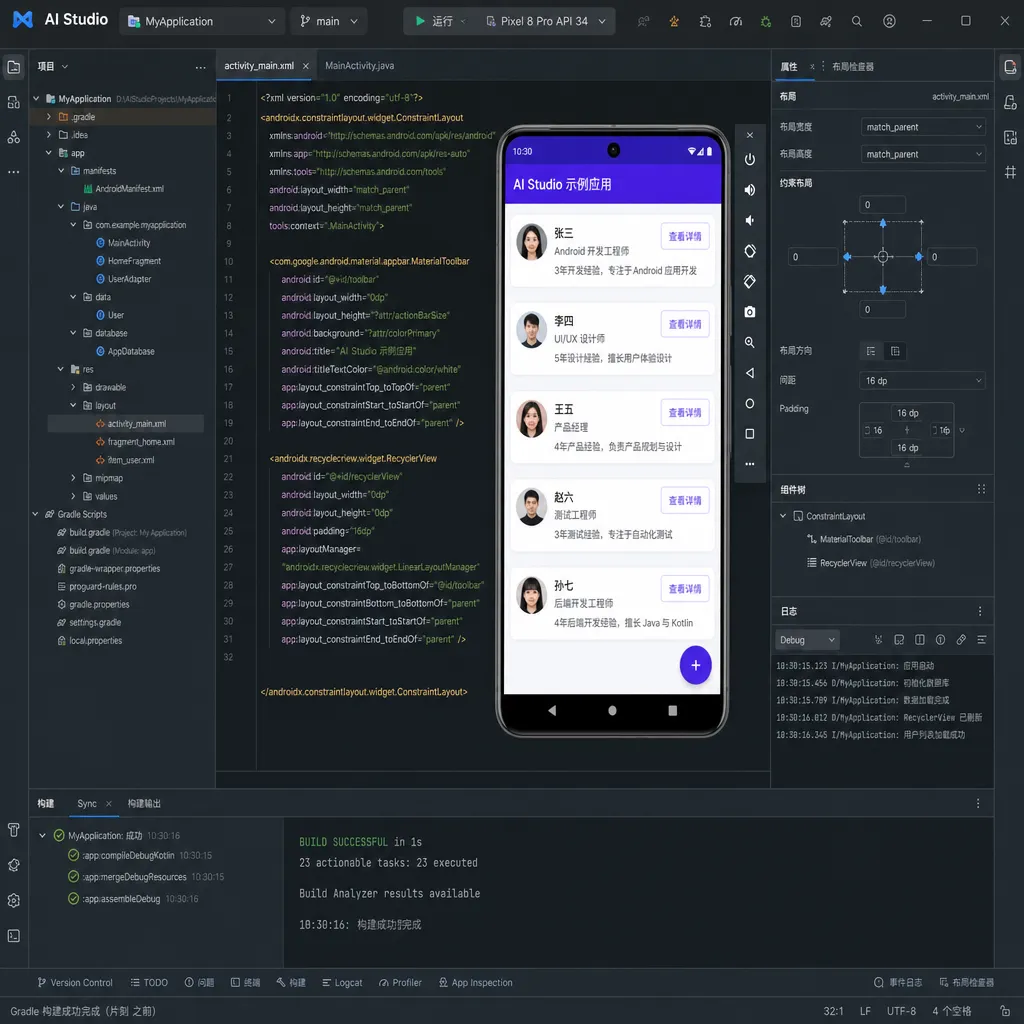 AI Studio 内嵌安卓模拟器实时预览应用界面