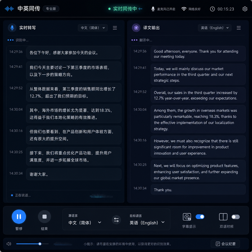 豆包同传模型实时翻译界面截图